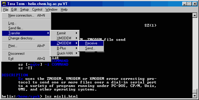 ZMODEM transfer meni